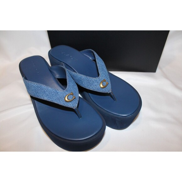 COACH SIGNATURE DENIM SCULPTED C THONG FLIP FLOP SANDALS NIB CHALK BLUE - Picture 4 of 8